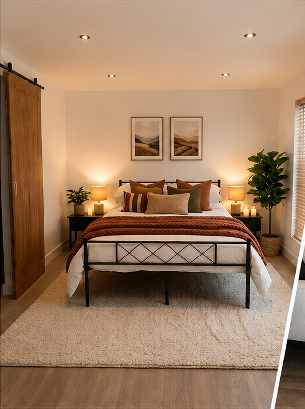 Lodge bedroom interior with warm lighting