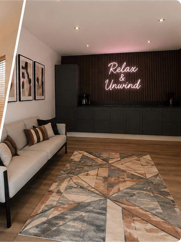 Lodge lounge and reception area with Relax & Unwind neon sign